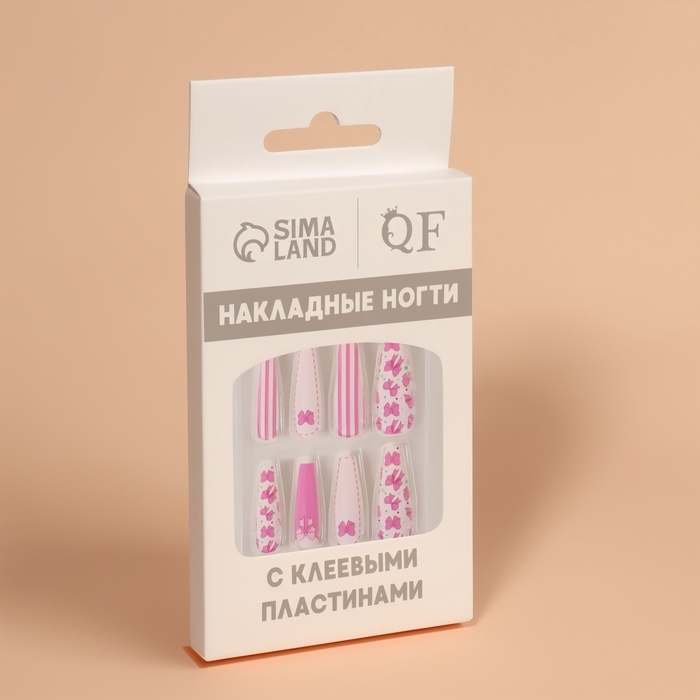 Накладные ногти «Бантики», 12 шт, с клеевыми пластинами, форма балерина, цвет белый/розовый Накладные ногти «Бантики», 12 шт, с клеевыми пластинами, форма балерина, цвет белый/розовый