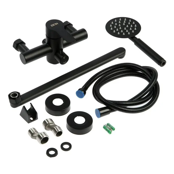 Смеситель для ванны ZEIN ZF3, излив 32 см, с душ набором, нержавеющая сталь, черный