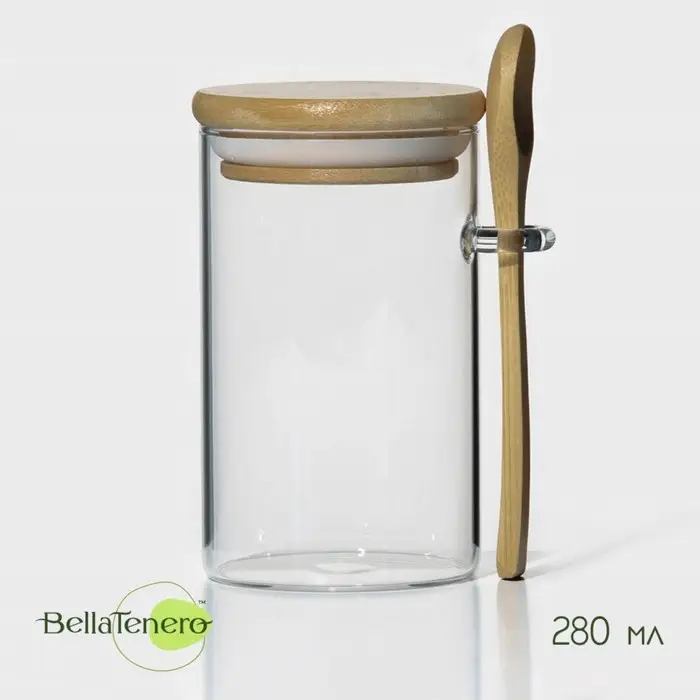 Банка для сыпучих продуктов с ложкой BellaTenero &laquo;Эко&raquo;, 280 мл, 7&times;11 см, с бамбуковой крышкой, стекло, прозрачная