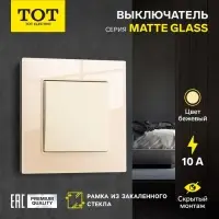 Выключатель проходной TOT Matte Glass, 10 А, 1 клавиша, скрытый монтаж, стеклянная рамка, бежевый
