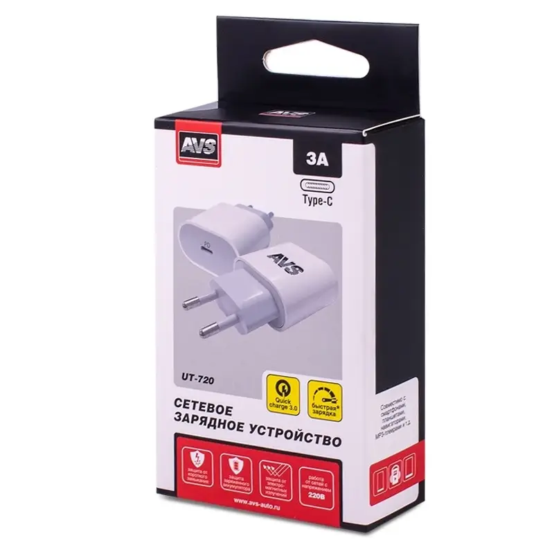 USB сетевое зарядное устройство AVS 1 порт UT-720  (PD Type C, 3A)