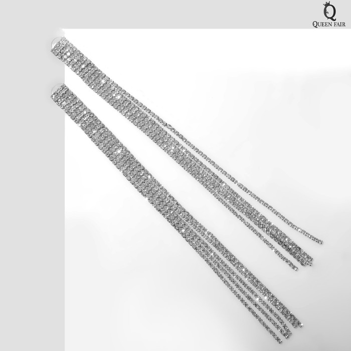 Серьги висячие со стразами «Водопад» мини квадрат, 5 нитей, цвет белый в серебре, 19,5 см