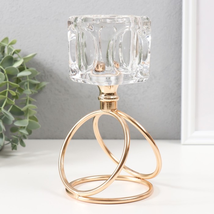 Подсвечник металл, стекло на 1 свечу  Подсвечник металл, стекло на 1 свечу "Ледяной кубик" d=6 см золото 10х10х19 см