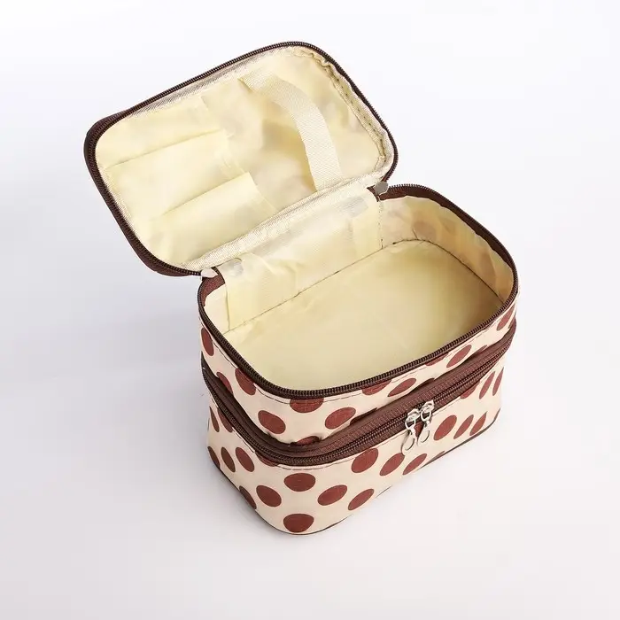 Косметичка дорожная на молнии с ручкой, с 2 отделами, с рисунком, бежевая