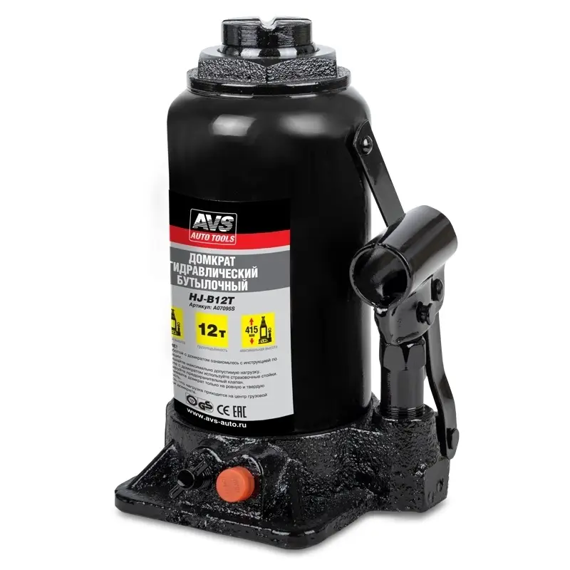 Домкрат гидравлический AVS HJ-B12T, 12т, 210-415мм. с клапаном (сумка, ремкомплект)