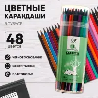 Карандаши цветные 48 цветов в тубусе, корпус шестигранный (пластиковые) чёрное основание