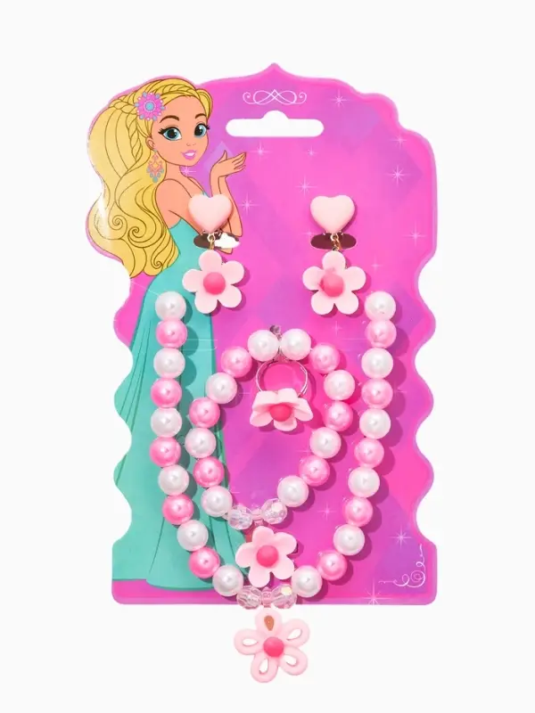 Набор детских украшений &laquo;Выбражулька. Цветок&raquo;, 4 предмета: клипсы, кольцо, бусы, браслет, розовый, белый