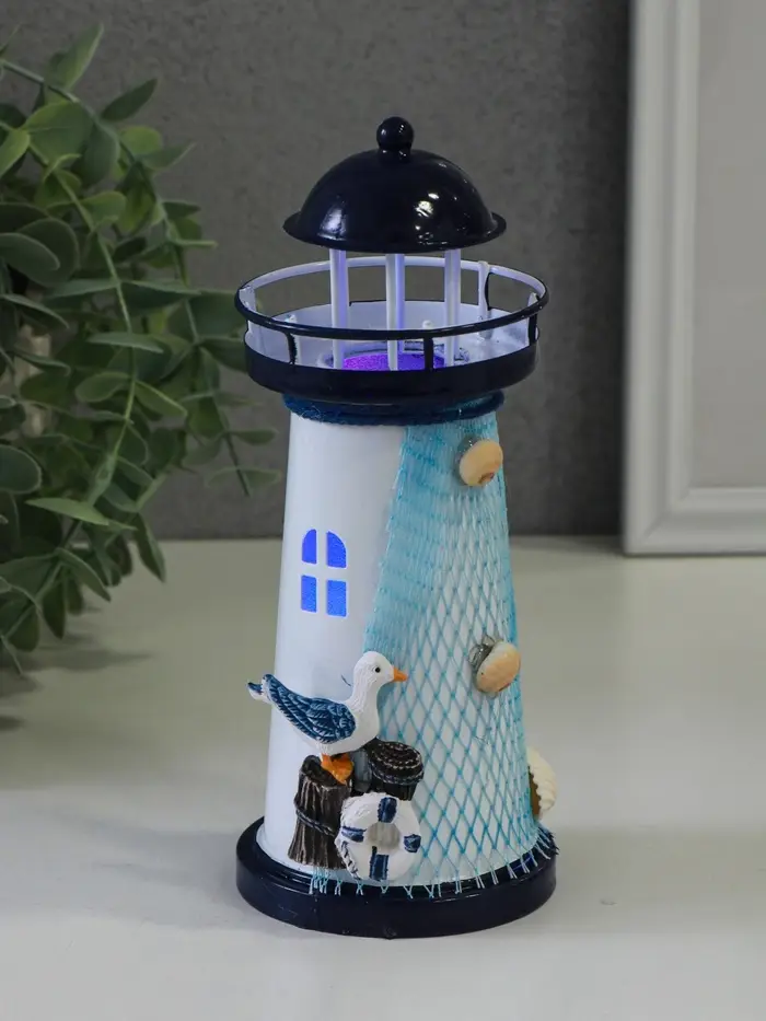 Сувенир настольный "Маяк с птицей" сетка, синий, 3хLR1130, RGB, LED 7,5х7,5х18 см