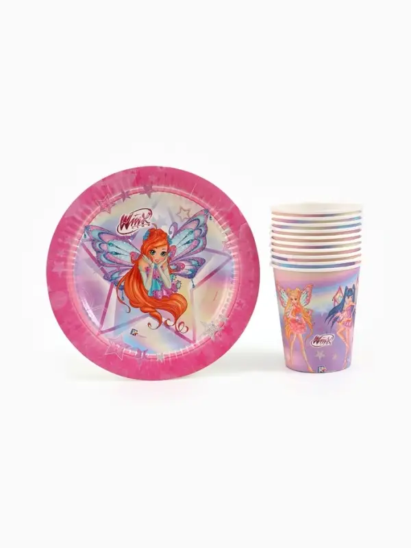 Посуда одноразовая бумажная на 10 персон: стаканы, тарелки, скатерть, ВИНКС Посуда одноразовая бумажная на 10 персон: стаканы, тарелки, скатерть, ВИНКС