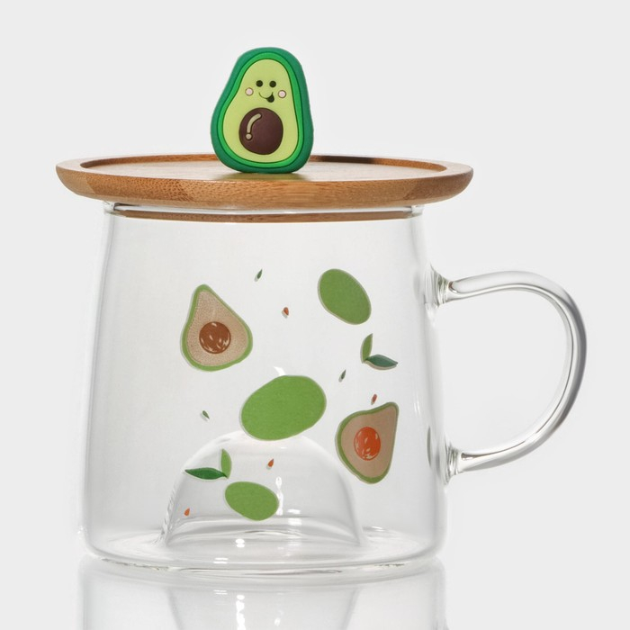 Кружка стеклянная с деревянной крышкой «Авокадо», 350 мл, рисунок МИКС Кружка стеклянная с деревянной крышкой «Авокадо», 350 мл, рисунок МИКС
