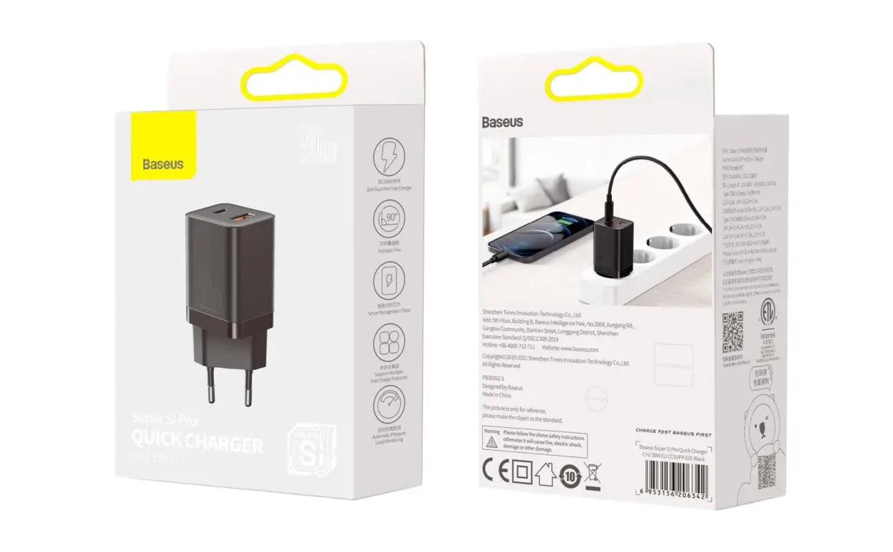 Переходник СЗУ на USB + Type-C 30W CCSUPP-E01 Baseus черный Переходник СЗУ на USB + Type-C 30W CCSUPP-E01 Baseus черный
