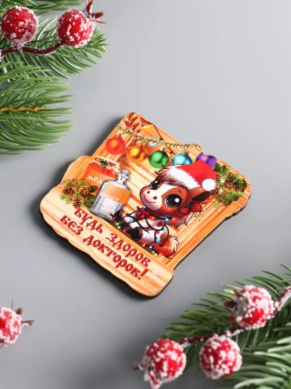 Магнит новогодний 2026 «Будь здоров без докторов», размер магнита 6.5×7 см