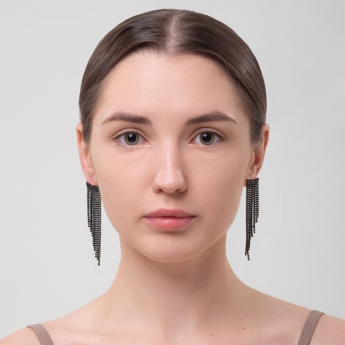 Серьги висячие со стразами «Водопад» ладья, цвет чёрный в серебре, 8 см