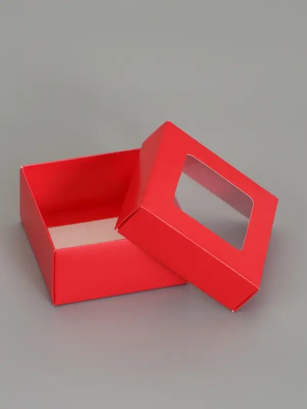 Коробка складная, крышка-дно,с окном, красная, 10 х 10 х 5 см