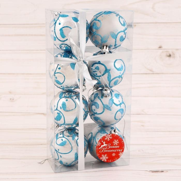 Набор шаров пластик d-6 см, 8 шт Набор шаров пластик d-6 см, 8 шт "Синий узор" серебристо-голубой
