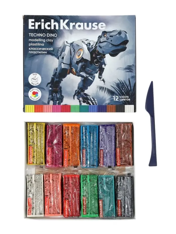 Пластилин 12 цветов ErichKrause Techno Dino, со стеком
