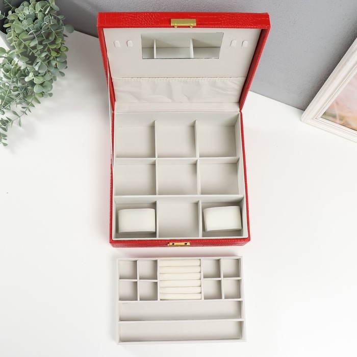 Шкатулка кожзам под часы 2 отделения и бижутерию  Шкатулка кожзам под часы 2 отделения и бижутерию "Кожа крокодила" красная 26х26,5х10 см