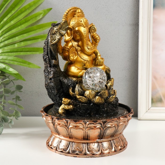 Фонтан настольный от сети, подсветка Фонтан настольный от сети, подсветка "Ганеша в золотом сидящий у лотоса" 20.5х20.5х30 см