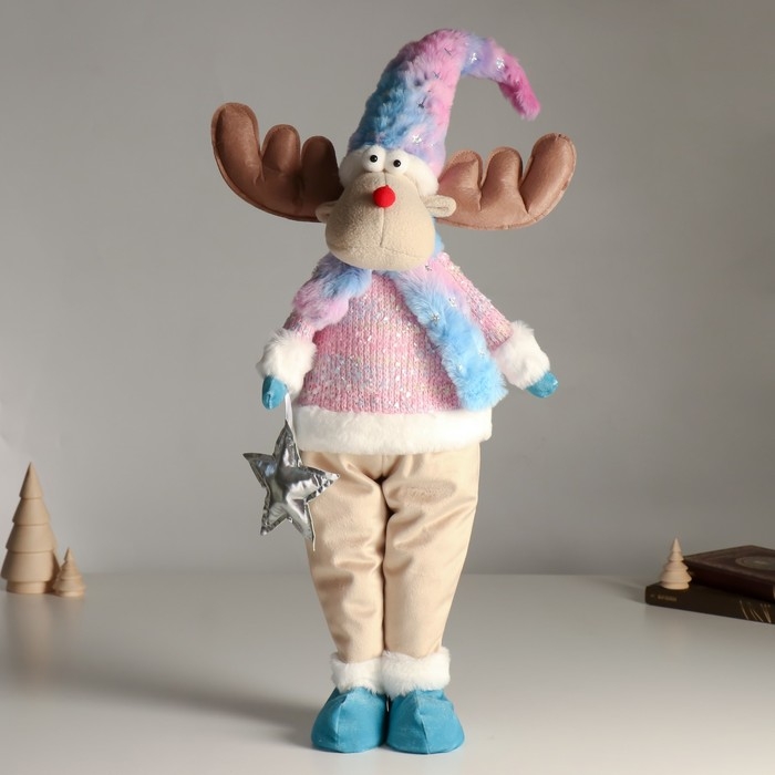 Кукла интерьерная Кукла интерьерная "Лосик в розовом свитере с мехом и голубом колпаке, со звёздочкой" 61,5 см 94880