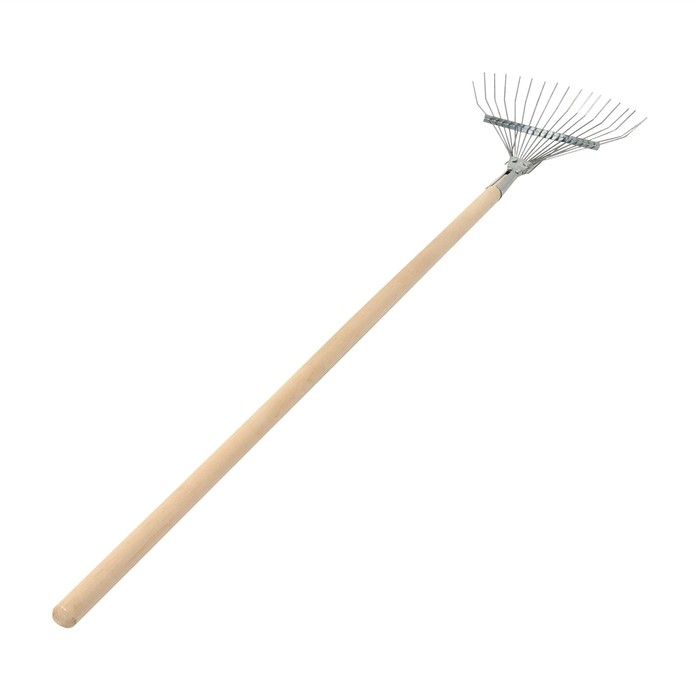 Грабли веерные, проволочные, 18 зубцов, оцинкованные, деревянный черенок Грабли веерные, проволочные, 18 зубцов, оцинкованные, деревянный черенок