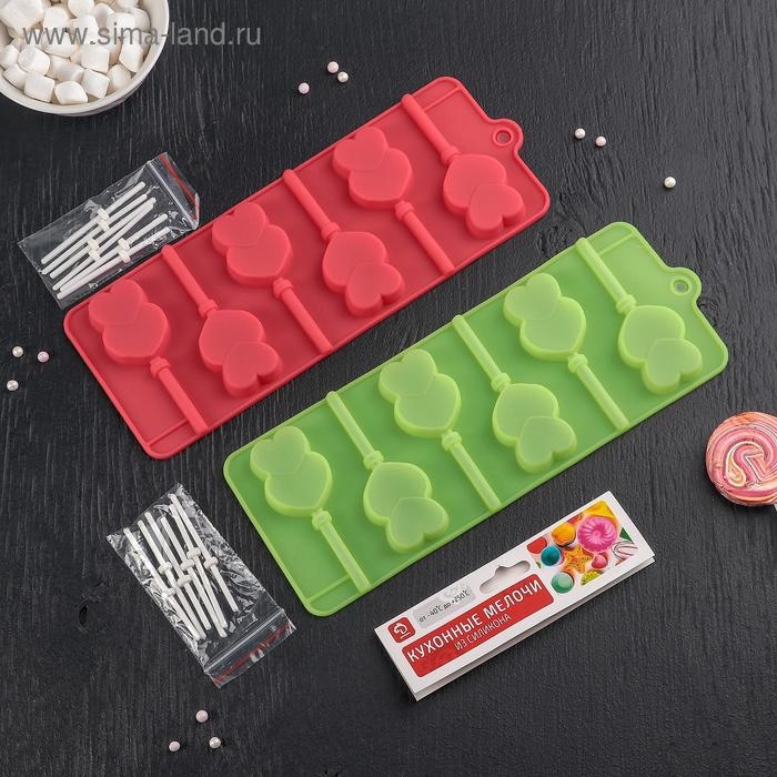 Форма для леденцов Доляна «Влюблённость», силикон, 9,5×24×1 см, 6 ячеек (4,2×3,3 см), с палочками, цвет МИКС Форма для леденцов Доляна «Влюблённость», силикон, 9,5×24×1 см, 6 ячеек (4,2×3,3 см), с палочками, цвет МИКС