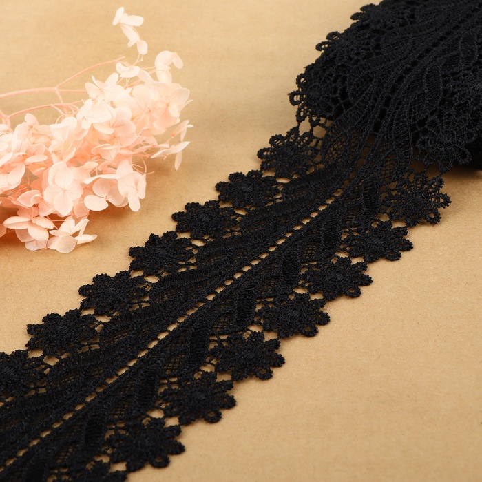 Кружево гипюровое, 80 мм × 6,8 ± 0,5 м, цвет чёрный Кружево гипюровое, 80 мм × 6,8 ± 0,5 м, цвет чёрный