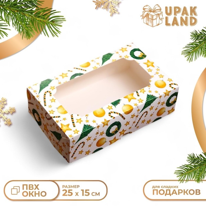 Новый год. Коробка складная, кондитерская упаковка с окном  Новый год. Коробка складная, кондитерская упаковка с окном "Звезды и трости", 25 х 15 х 7 см
