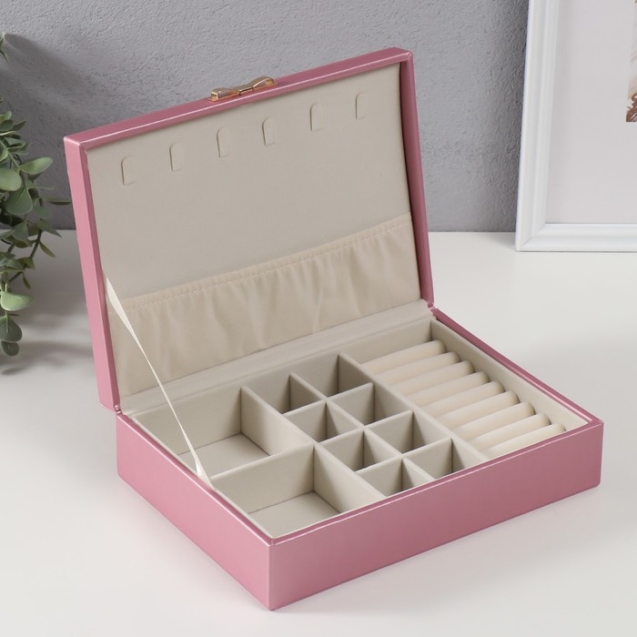 Шкатулка кожзам для украшений  Шкатулка кожзам для украшений "Стёганная. Полоски. Бант" розовый металлик 17х24х7 см