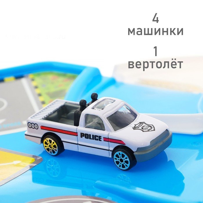 Парковка &laquo;Городская полиция&raquo;, с металлическими машинами и вертолётом