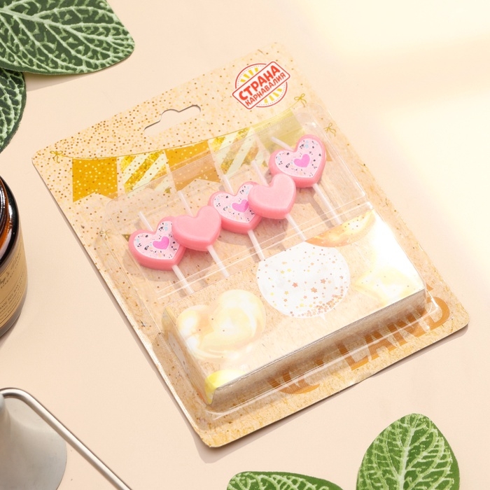 Набор свечей для торта, 5 шт  Набор свечей для торта, 5 шт "Сердца", розовый