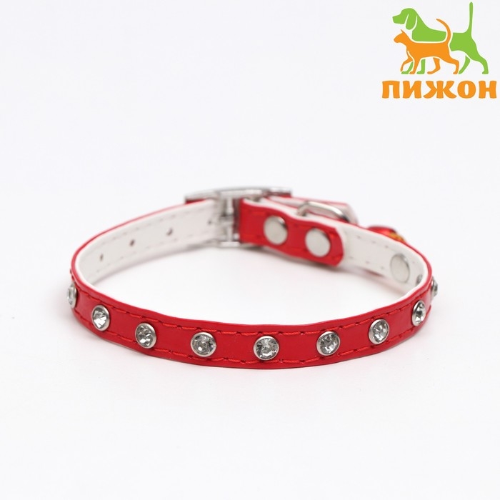 Ошейник с круглыми стразами,28 х 1 см, ОШ 21-25 см, искусств. кожа, красный Ошейник с круглыми стразами,28 х 1 см, ОШ 21-25 см, искусств. кожа, красный