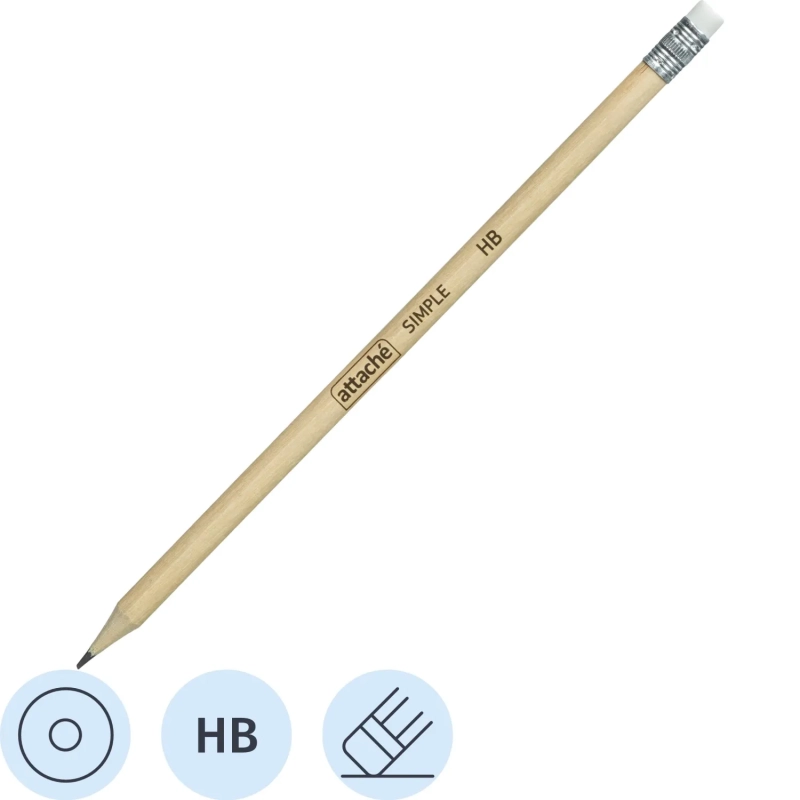 Карандаш чернографитный Attache кругл. HB, натур.дерево, заточ., с ласт.