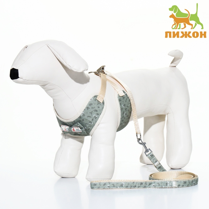 Комплект с мягкой шлейкой  Комплект с мягкой шлейкой "Веточки", размер L, поводок 120 х 1,5 см, ОГ 42-76 см, серый