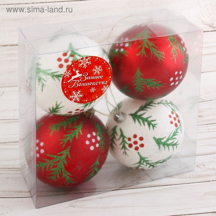 Набор шаров пластик d-8 см, 4 шт Набор шаров пластик d-8 см, 4 шт "Еловые веточки" красный белый