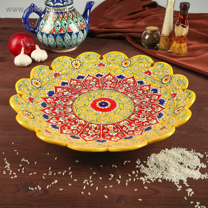 Ляган Риштанская Керамика "Цветы", 41 см, жёлтый микс, рифлённый