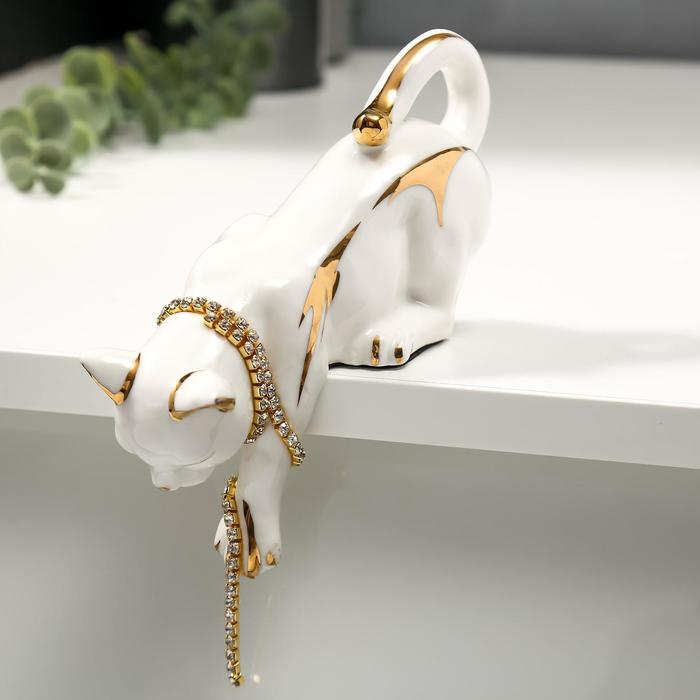 Сувенир керамика Сувенир керамика "Кошка бело-золотистая с цепочкой из страз" 17 см