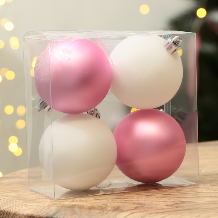 Шары ёлочные новогодние «С Новым годом!», на Новый год, пластик, d=6, 4 шт., цвет нежно-розовый и белый Шары ёлочные новогодние «С Новым годом!», на Новый год, пластик, d=6, 4 шт., цвет нежно-розовый и белый