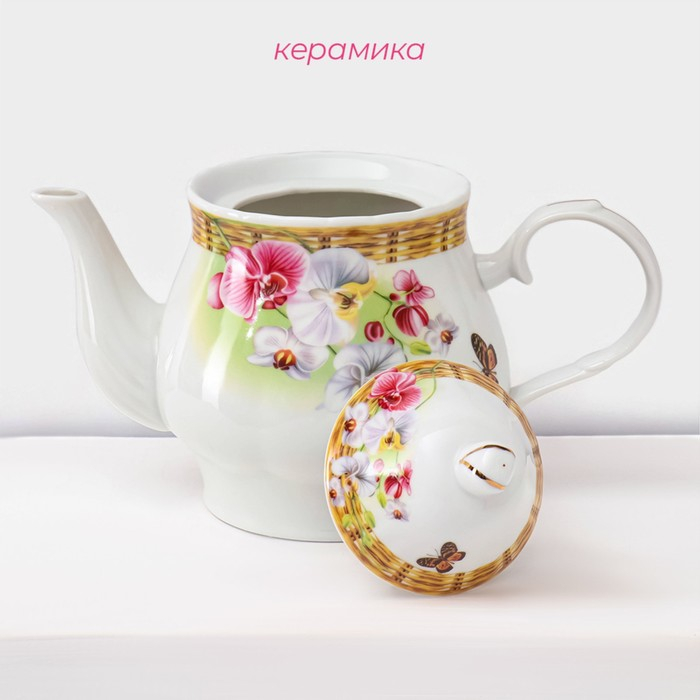 Набор чайный керамический на металлической подставке Доляна «Садовый дворик», 13 предметов: 6 чашек 200 мл, 6 блюдец d=14,1 см, чайник 1 л ㅤ Набор чайный керамический на металлической подставке Доляна «Садовый дворик», 13 предметов: 6 чашек 200 мл, 6 блюдец d=14,1 см, чайник 1 л ㅤ