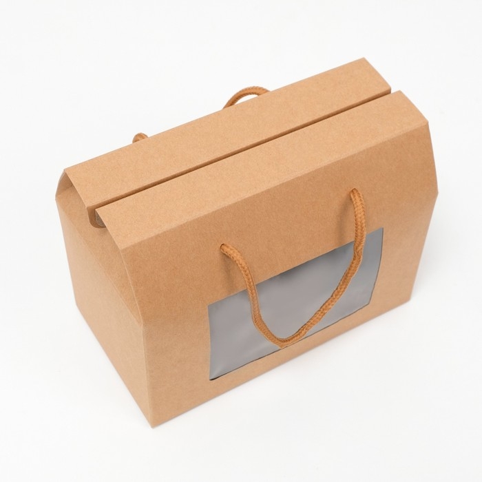 Коробка-пакет, с окном и ручками, крафтовая, 20 х 15 х 11 см Коробка-пакет, с окном и ручками, крафтовая, 20 х 15 х 11 см