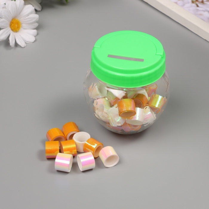 Клейкая лента пластик в банке  Клейкая лента пластик в банке "Перл. Белый и оранж" н-р 40 шт 1,2 см, дл.0,9 м 7х7х9 см