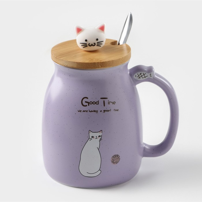 Кружка керамическая с деревянной крышкой и ложкой «Котик», 500 мл, цвет и рисунок МИКС Кружка керамическая с деревянной крышкой и ложкой «Котик», 500 мл, цвет и рисунок МИКС