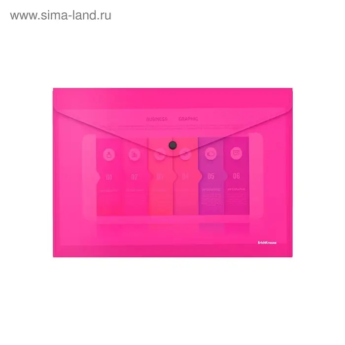 Папка-конверт на кнопке А4, 180 мкм, ErichKrause Glossy Neon, глянцевая, пластиковая, полупрозрачная, микс