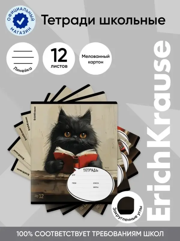 Тетрадь 12 листов лин ErichKrause Funny Friends, обл. мел картон, блок офсет 60 г/м&sup2; МИКС
