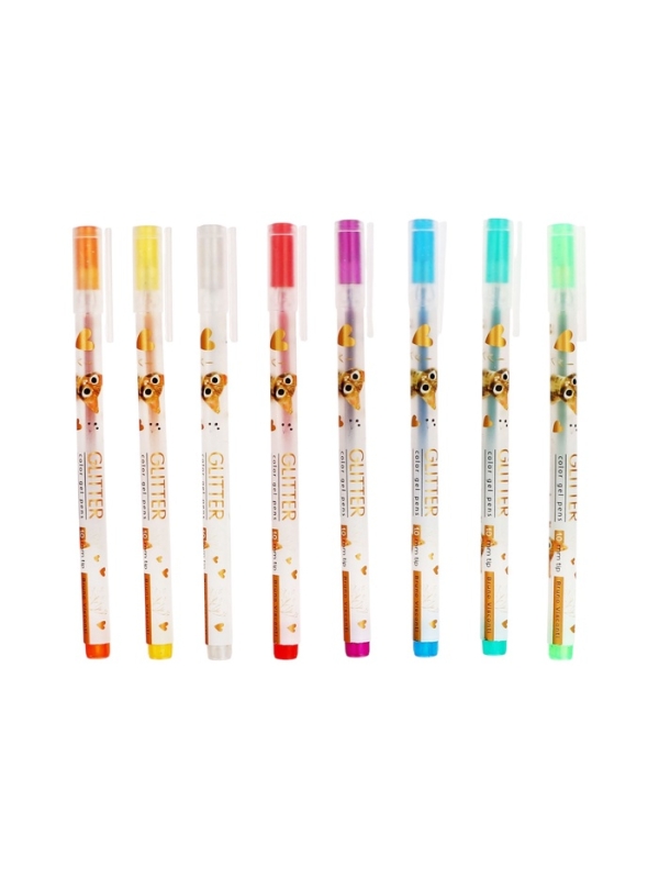 Набор гелевых ручек 8цв GLITTER. LOVE ME. Милый котик, 1.0мм, с блестками