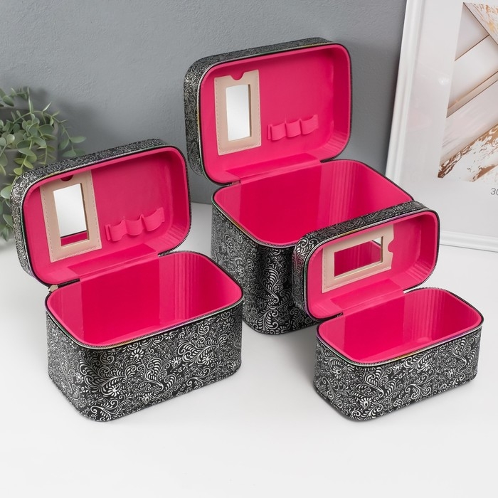 Шкатулка кожзам с зеркалом Шкатулка кожзам с зеркалом "Узоры, бабочки" чёрная н-р 3 шт 19х10,5х10,5 21х13х14 15х23х17см