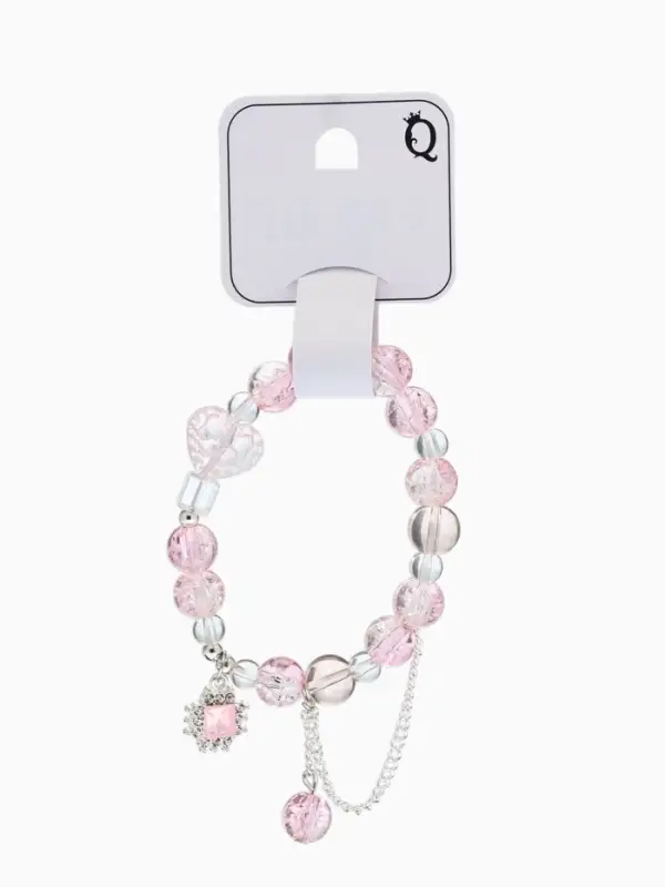 Браслет с подвесками "Сахарный" ромб, сердечко, шар №10, цвет бело-розовый в серебре