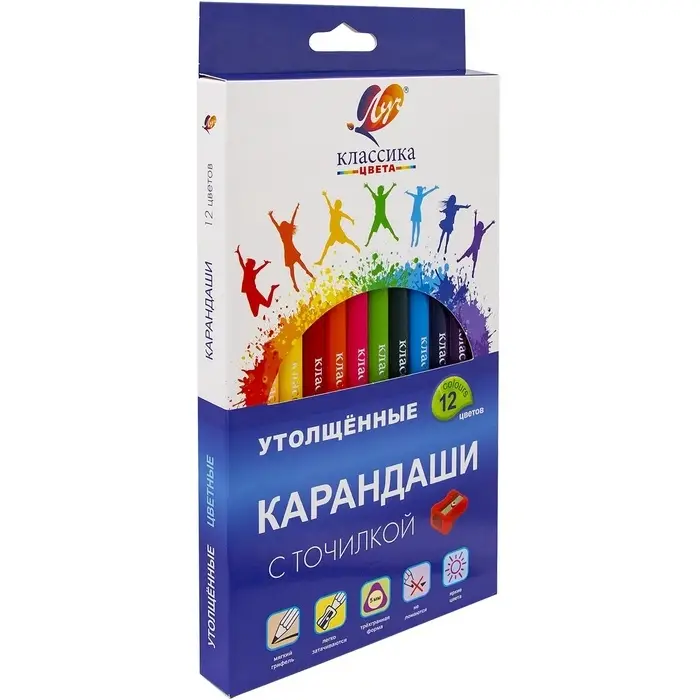 Карандаши 12цв, Луч, дерево, заточ, трехгр, толстые, с точилкой, коробка, европодвес