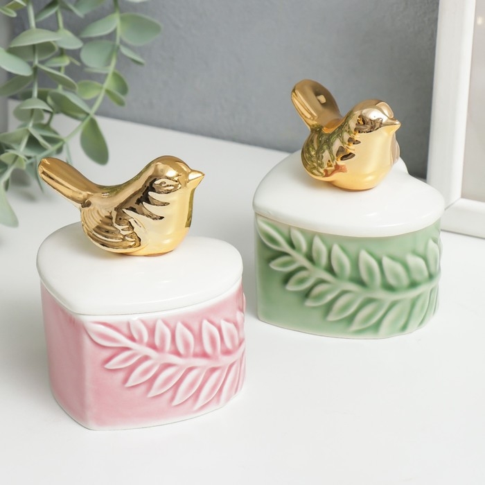 Шкатулка керамика сердце Шкатулка керамика сердце "Золотая птица. Лист" МИКС 9х6,8х7,5 см