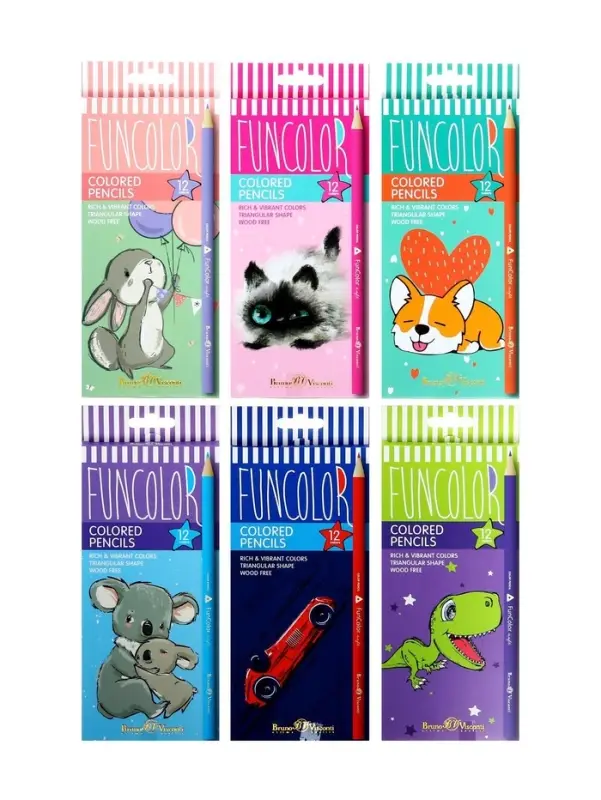 Карандаши цветные 12 цветов FunColor, пластиковые, трёхгранные, МИКС