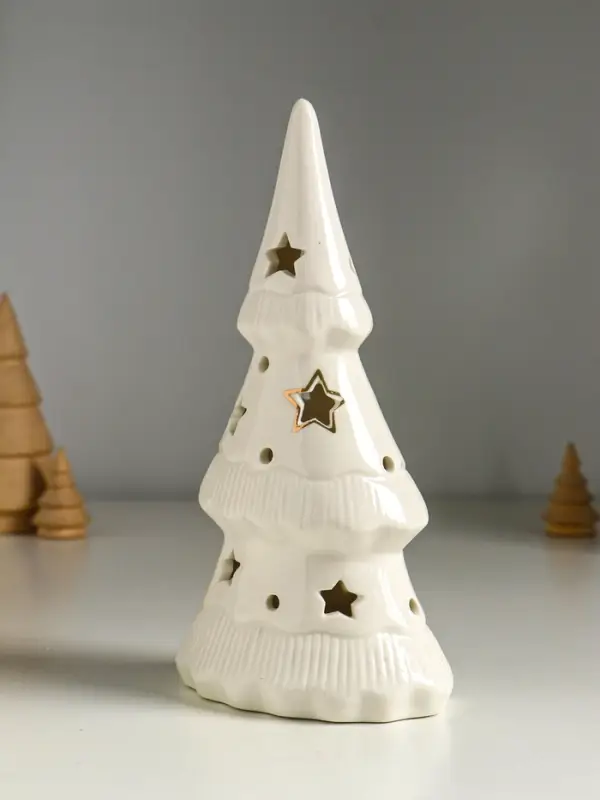 Сувенир керамика свет "Ёлочка и звёзды" белый с золотом 10,7х6,8х20 см